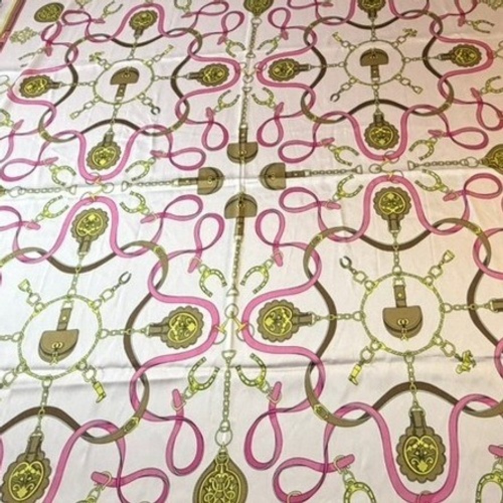 J.McLaughlin Gemma Scarf Pink Tan Fairfax Crest Equestrian Chain Print 51x51 NEW